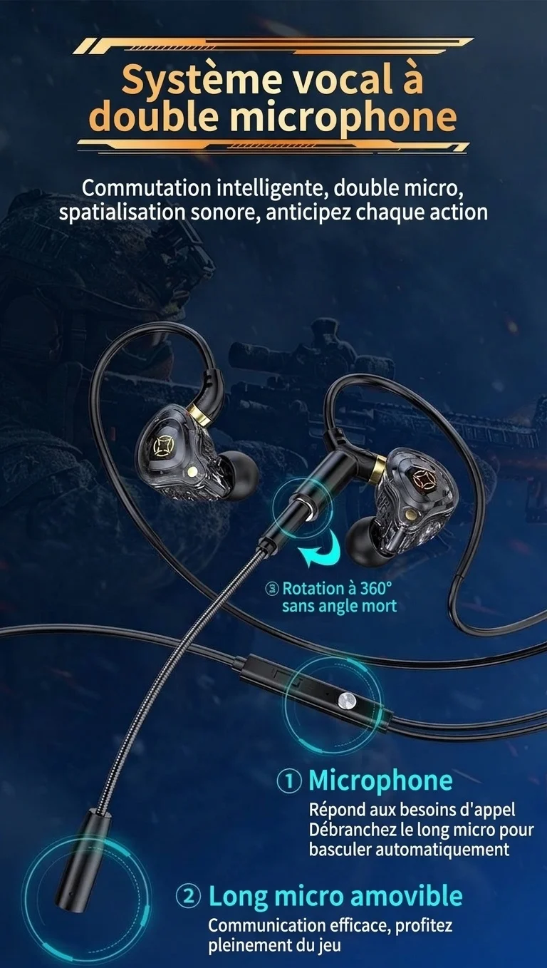 Écouteurs intra-auriculaires gaming avec double micro détachable, haut-parleurs dynamiques de 10 mm, réduction de bruit, connexion filaire USB Type-C 3,5 mm pour PC, ordinateur portable et mobile