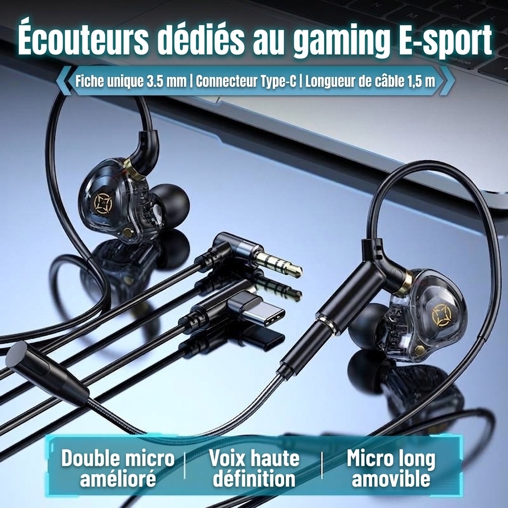 Écouteurs intra-auriculaires gaming avec double micro détachable, haut-parleurs dynamiques de 10 mm, réduction de bruit, connexion filaire USB Type-C 3,5 mm pour PC, ordinateur portable et mobile
