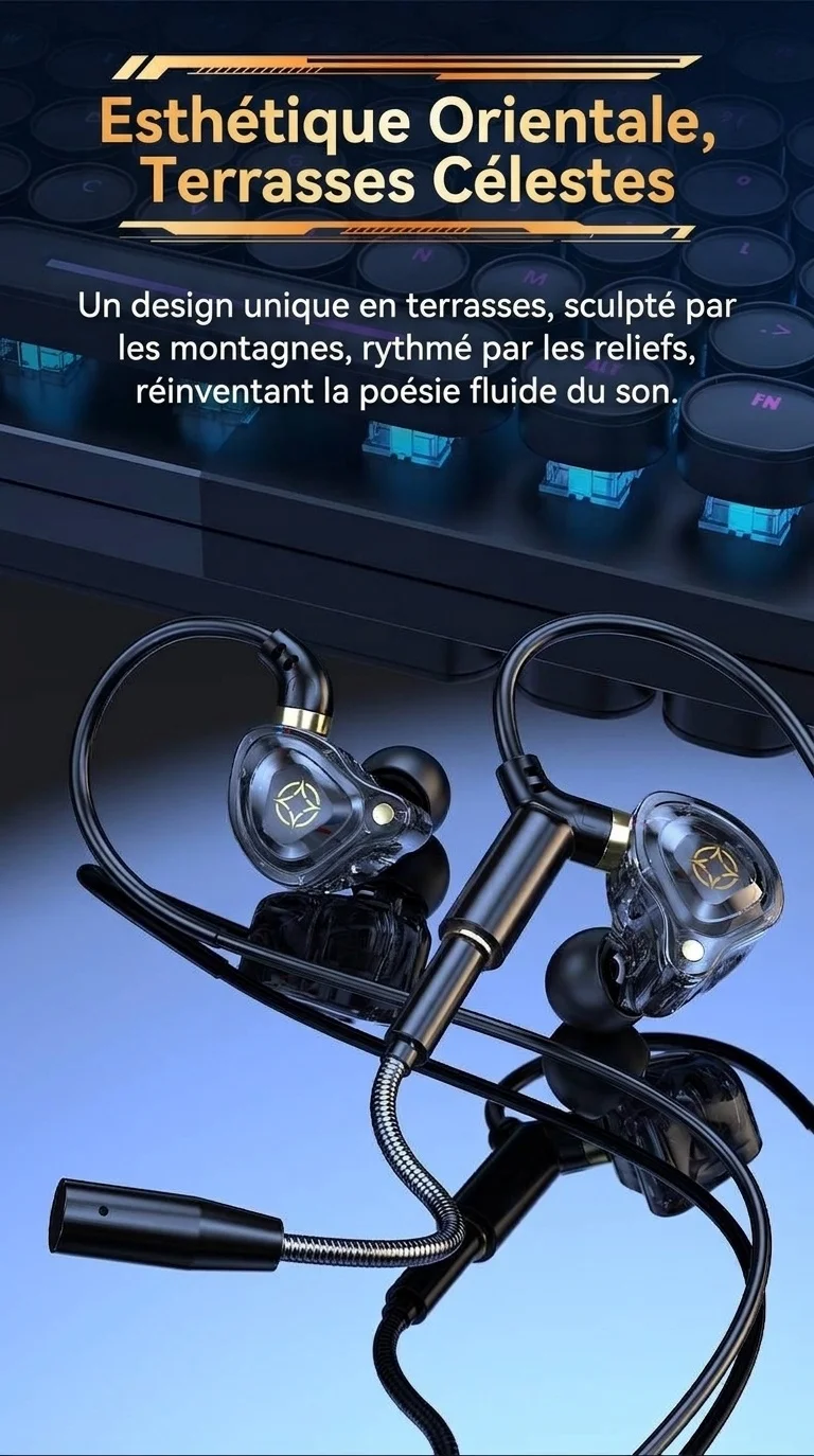 Écouteurs intra-auriculaires gaming avec double micro détachable, haut-parleurs dynamiques de 10 mm, réduction de bruit, connexion filaire USB Type-C 3,5 mm pour PC, ordinateur portable et mobile