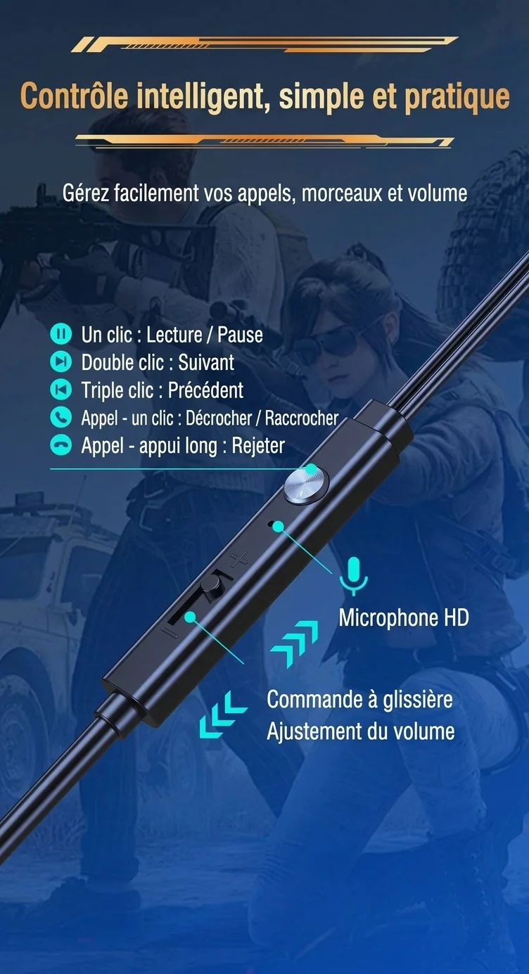 Écouteurs intra-auriculaires gaming avec double micro détachable, haut-parleurs dynamiques de 10 mm, réduction de bruit, connexion filaire USB Type-C 3,5 mm pour PC, ordinateur portable et mobile