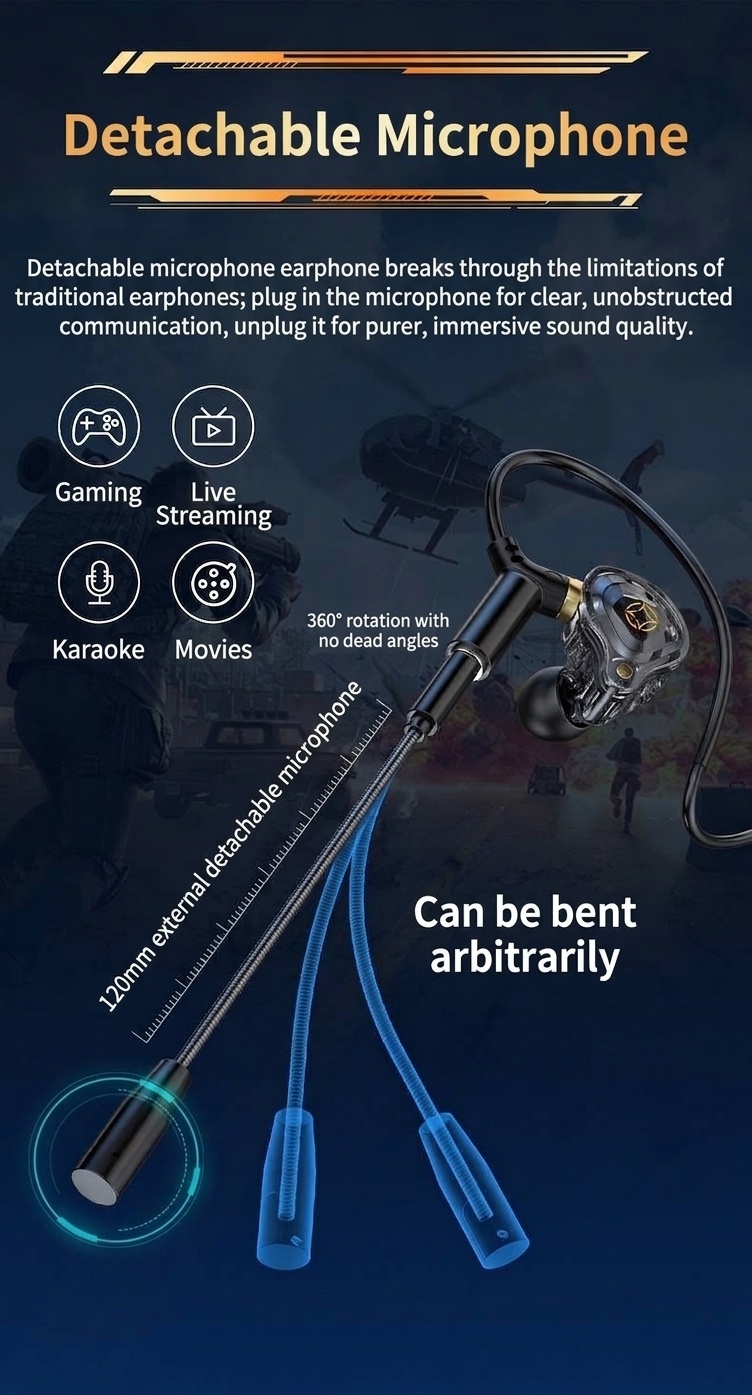 Gaming In-Ear Earbuds with Dual Detachable Mic, 10mm Dynamic Drivers Noise Cancelling Headset, 3.5mm Type-C USB Wired for PC Laptop Mobile