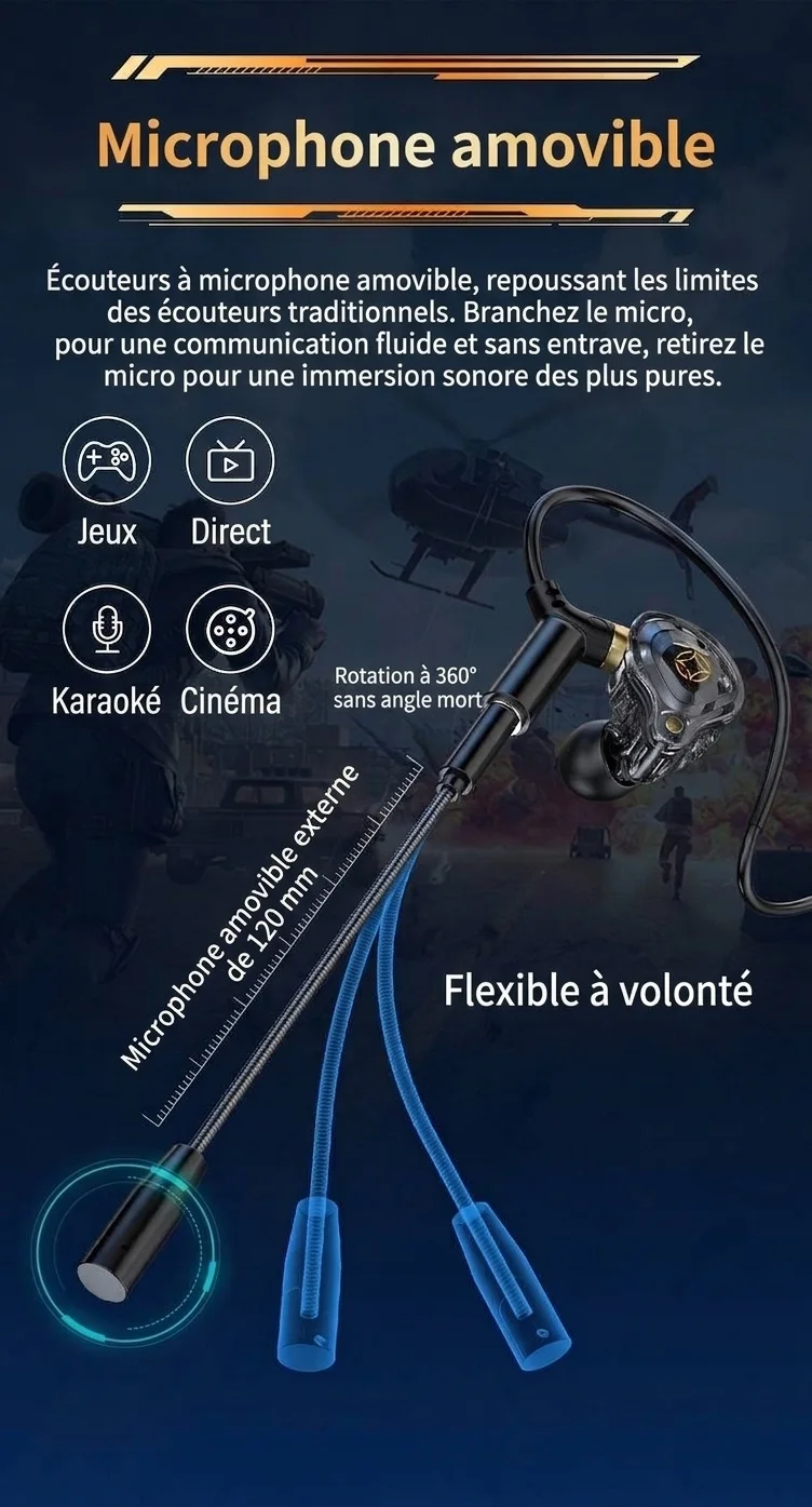 Écouteurs intra-auriculaires gaming avec double micro détachable, haut-parleurs dynamiques de 10 mm, réduction de bruit, connexion filaire USB Type-C 3,5 mm pour PC, ordinateur portable et mobile