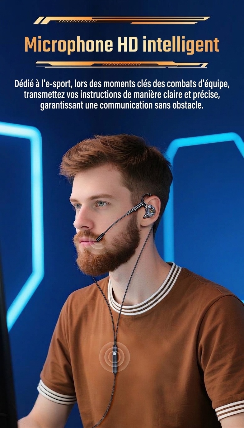 Écouteurs intra-auriculaires gaming avec double micro détachable, haut-parleurs dynamiques de 10 mm, réduction de bruit, connexion filaire USB Type-C 3,5 mm pour PC, ordinateur portable et mobile