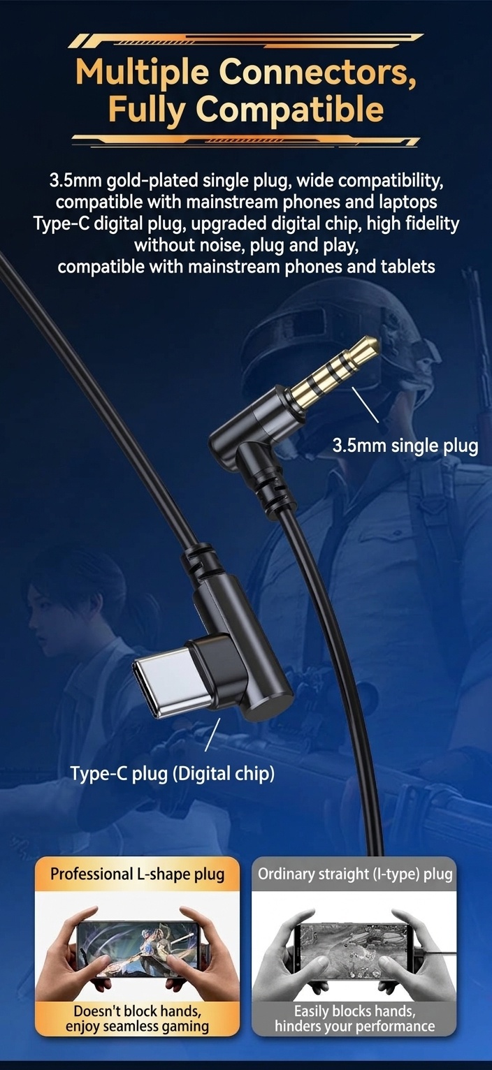 Gaming In-Ear Earbuds with Dual Detachable Mic, 10mm Dynamic Drivers Noise Cancelling Headset, 3.5mm Type-C USB Wired for PC Laptop Mobile