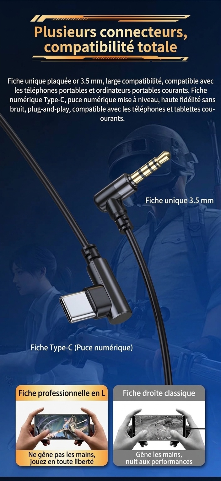 Écouteurs intra-auriculaires gaming avec double micro détachable, haut-parleurs dynamiques de 10 mm, réduction de bruit, connexion filaire USB Type-C 3,5 mm pour PC, ordinateur portable et mobile