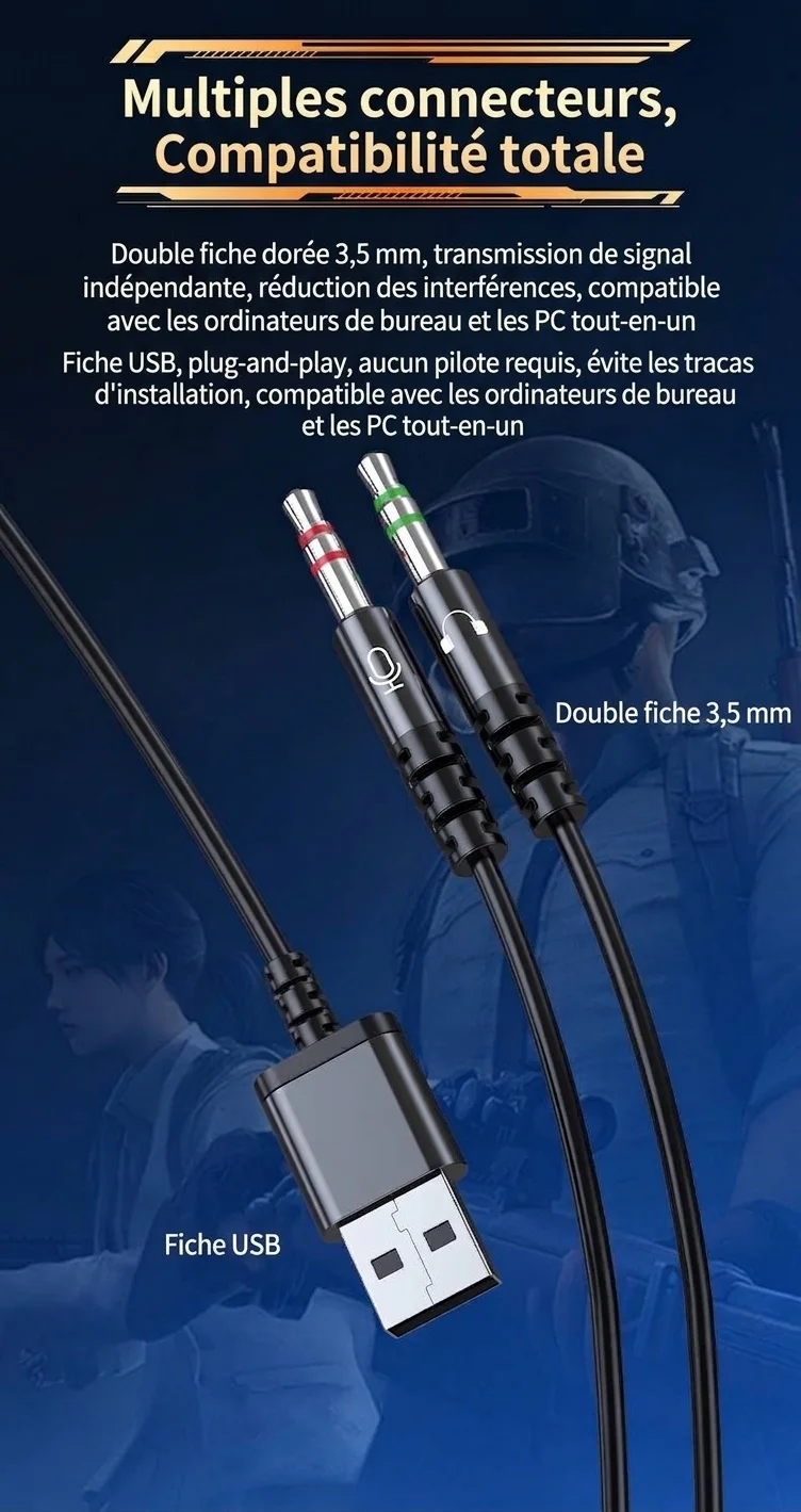 Écouteurs intra-auriculaires gaming avec double micro détachable, haut-parleurs dynamiques de 10 mm, réduction de bruit, connexion filaire USB Type-C 3,5 mm pour PC, ordinateur portable et mobile