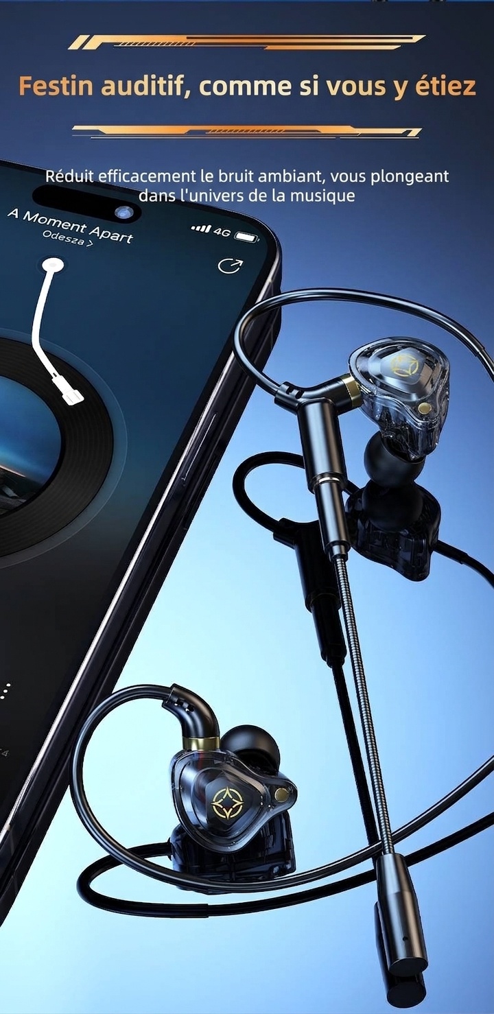 Écouteurs intra-auriculaires gaming avec double micro détachable, haut-parleurs dynamiques de 10 mm, réduction de bruit, connexion filaire USB Type-C 3,5 mm pour PC, ordinateur portable et mobile