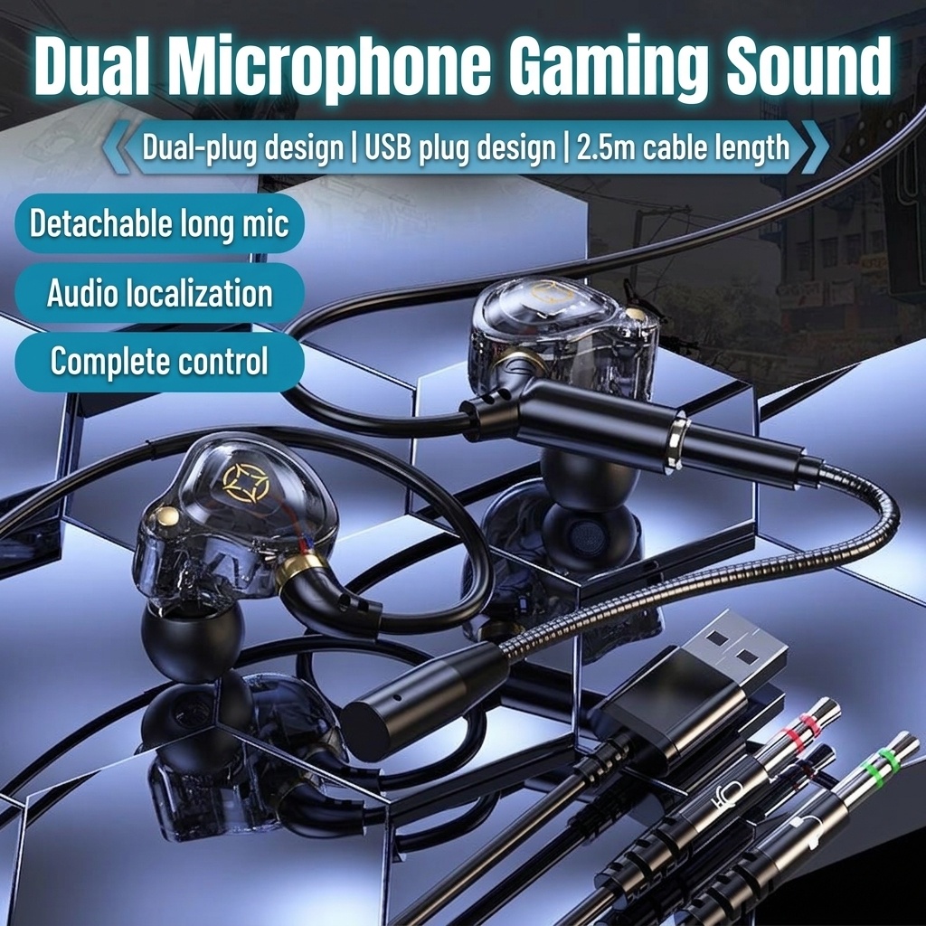 Gaming In-Ear Earbuds with Dual Detachable Mic, 10mm Dynamic Drivers Noise Cancelling Headset, 3.5mm Type-C USB Wired for PC Laptop Mobile