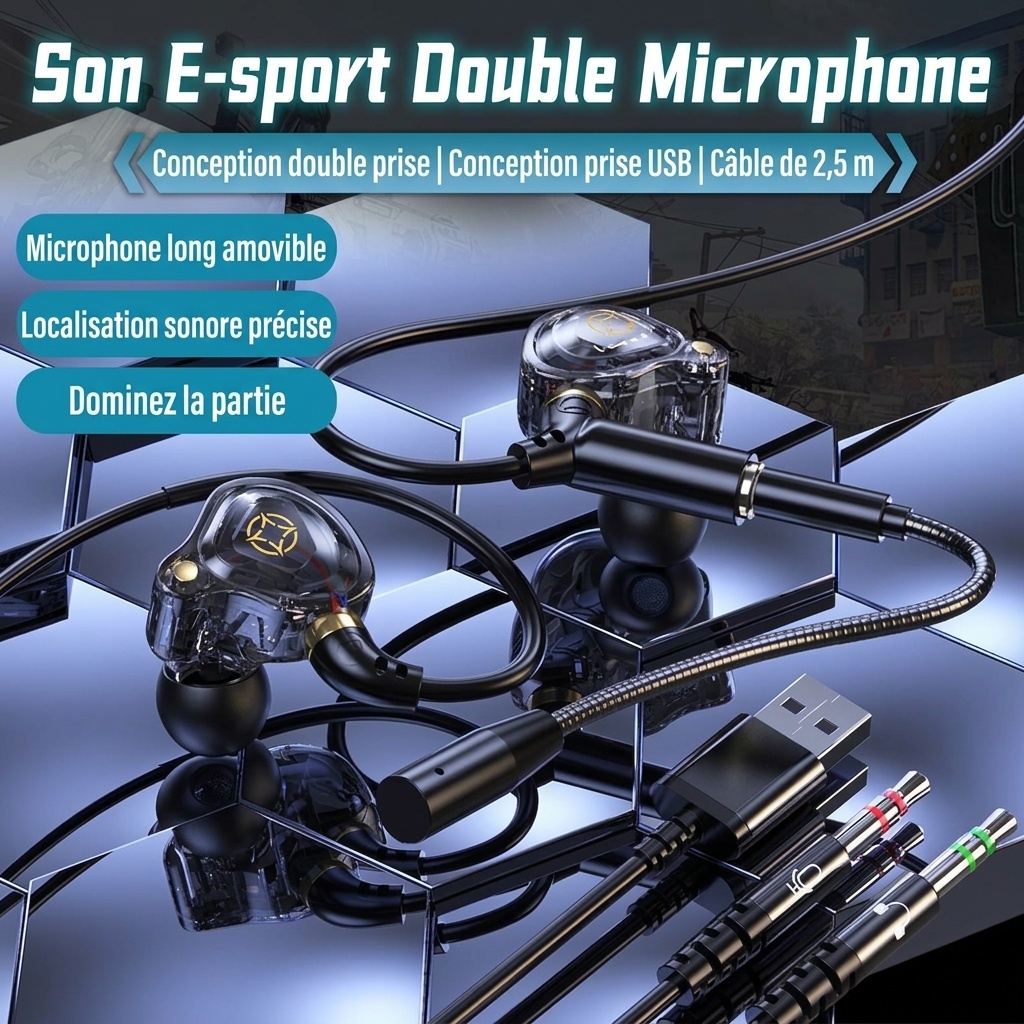 Écouteurs intra-auriculaires gaming avec double micro détachable, haut-parleurs dynamiques de 10 mm, réduction de bruit, connexion filaire USB Type-C 3,5 mm pour PC, ordinateur portable et mobile