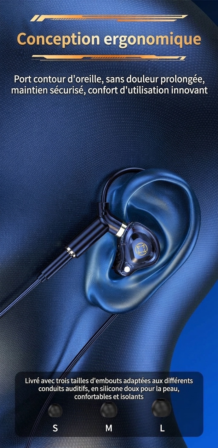 Écouteurs intra-auriculaires gaming avec double micro détachable, haut-parleurs dynamiques de 10 mm, réduction de bruit, connexion filaire USB Type-C 3,5 mm pour PC, ordinateur portable et mobile