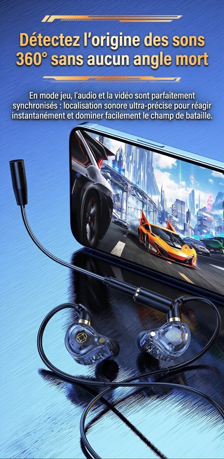 Écouteurs intra-auriculaires gaming avec double micro détachable, haut-parleurs dynamiques de 10 mm, réduction de bruit, connexion filaire USB Type-C 3,5 mm pour PC, ordinateur portable et mobile