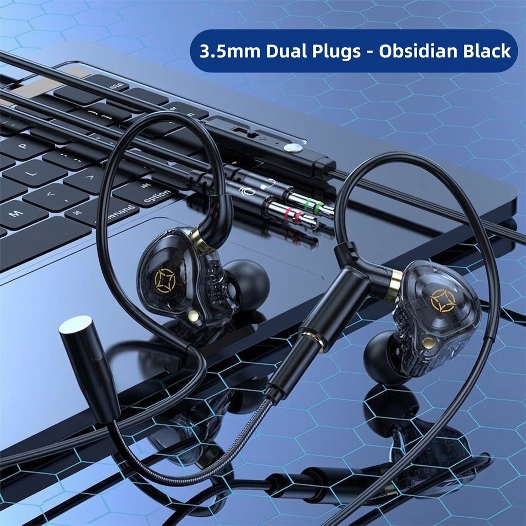 Gaming In-Ear Earbuds with Dual Detachable Mic, 10mm Dynamic Drivers Noise Cancelling Headset, 3.5mm Type-C USB Wired for PC Laptop Mobile