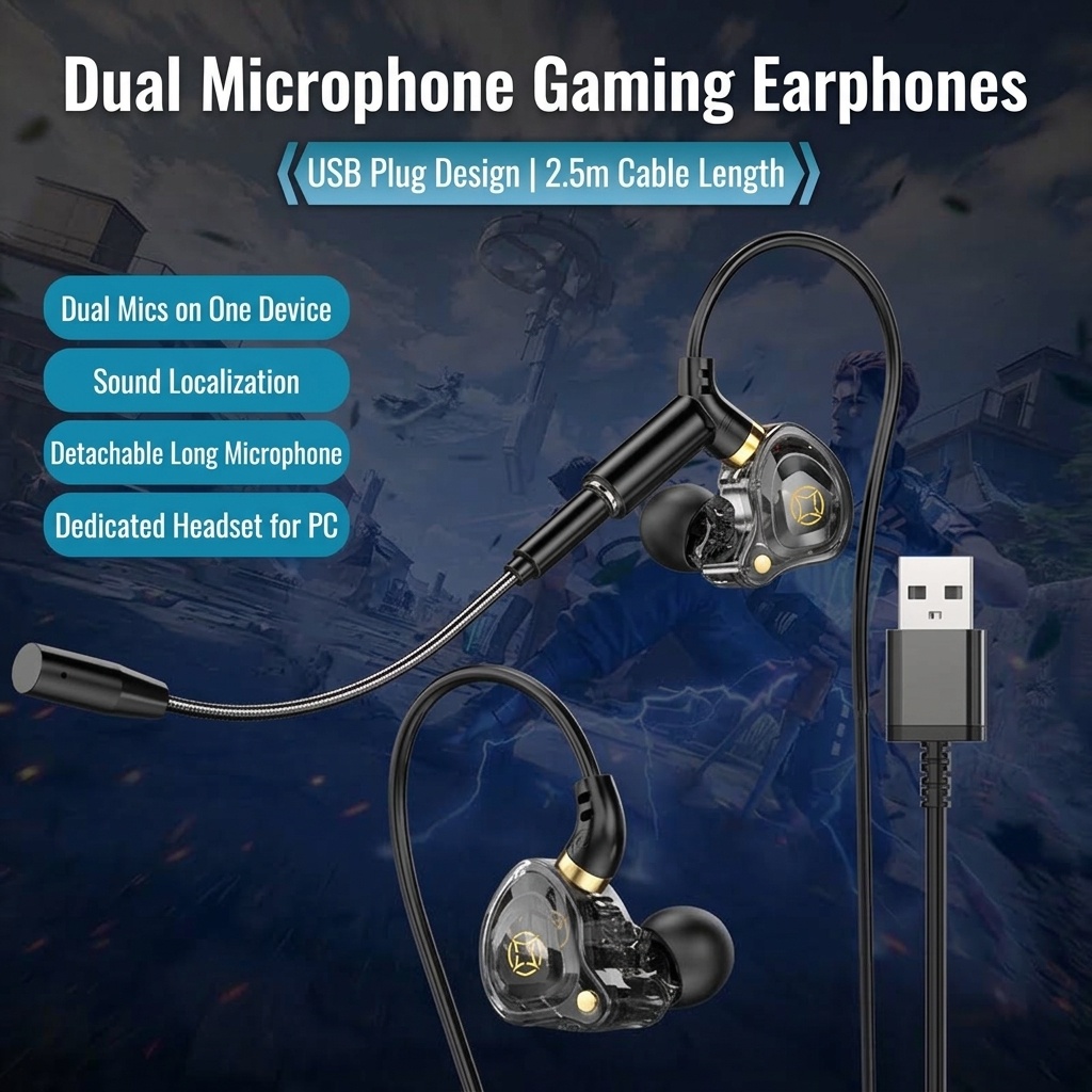 Gaming In-Ear Earbuds with Dual Detachable Mic, 10mm Dynamic Drivers Noise Cancelling Headset, 3.5mm Type-C USB Wired for PC Laptop Mobile
