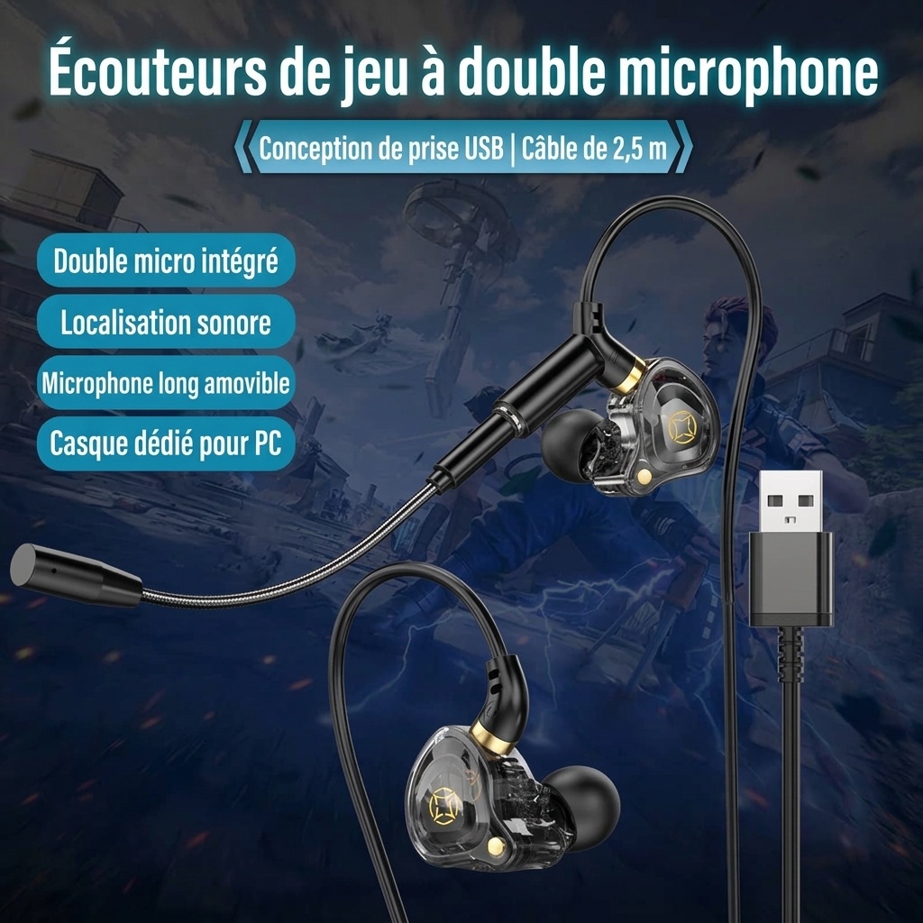 Écouteurs intra-auriculaires gaming avec double micro détachable, haut-parleurs dynamiques de 10 mm, réduction de bruit, connexion filaire USB Type-C 3,5 mm pour PC, ordinateur portable et mobile
