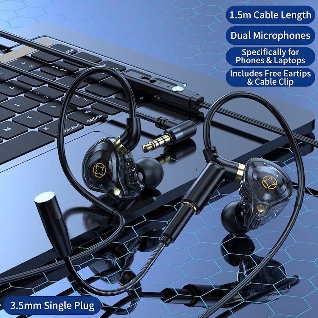 Gaming In-Ear Earbuds with Dual Detachable Mic, 10mm Dynamic Drivers Noise Cancelling Headset, 3.5mm Type-C USB Wired for PC Laptop Mobile