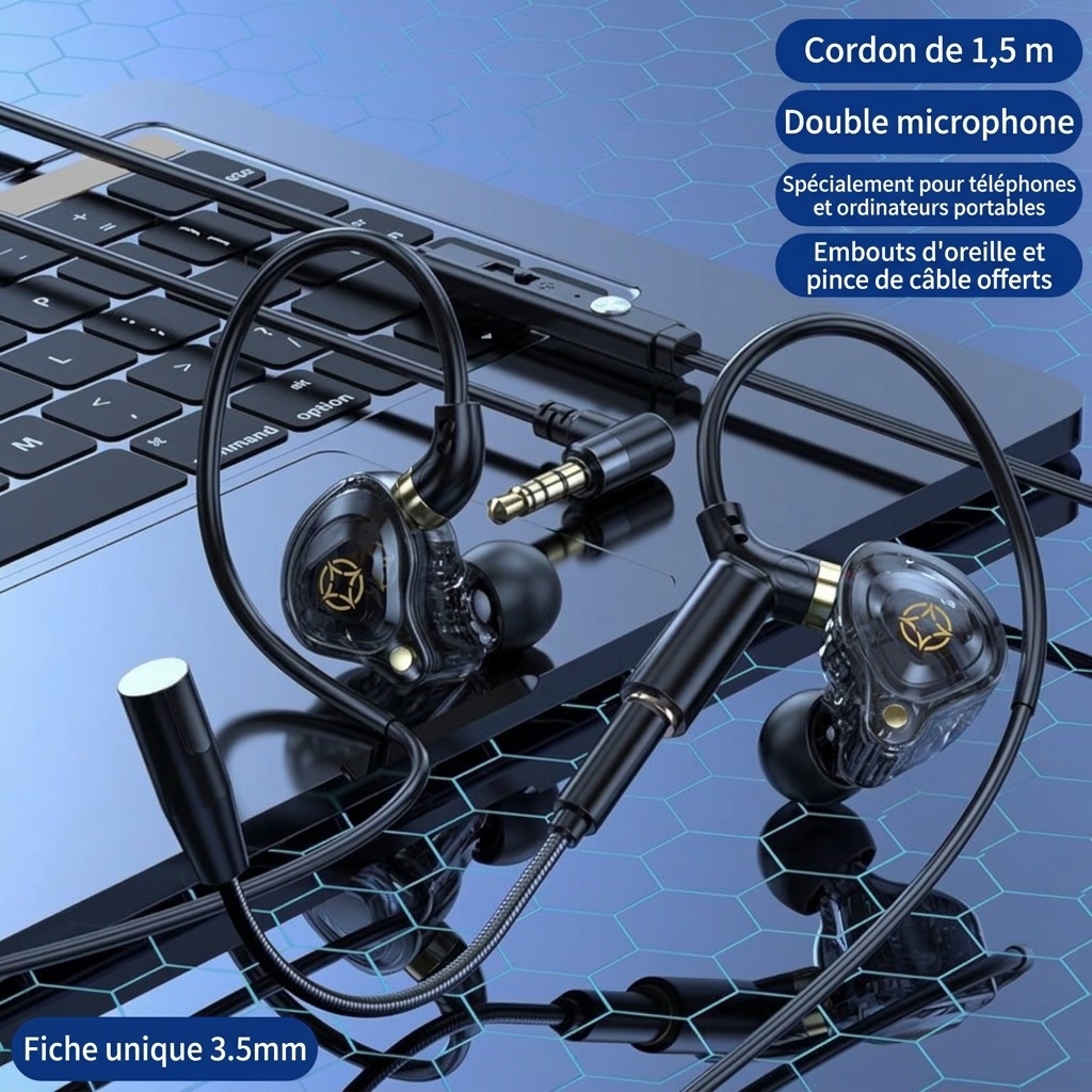 Écouteurs intra-auriculaires gaming avec double micro détachable, haut-parleurs dynamiques de 10 mm, réduction de bruit, connexion filaire USB Type-C 3,5 mm pour PC, ordinateur portable et mobile