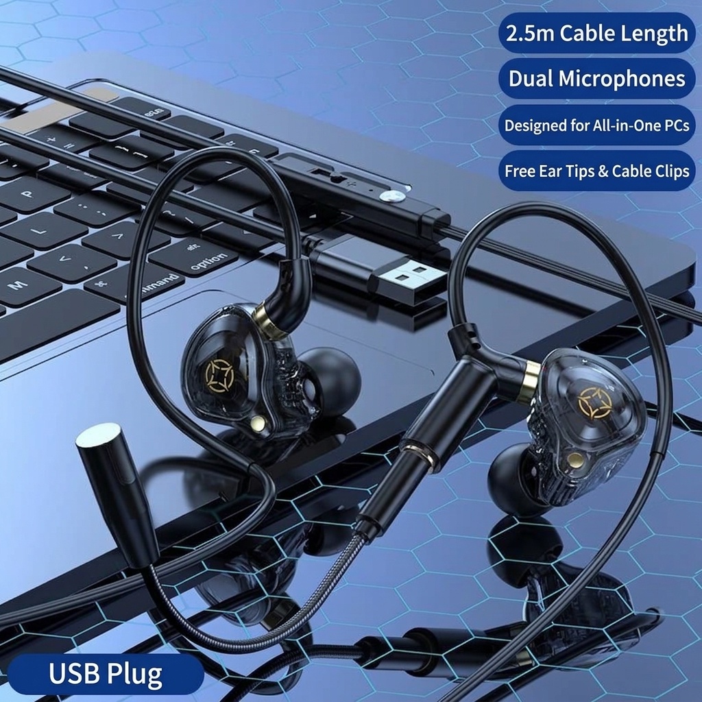 Gaming In-Ear Earbuds with Dual Detachable Mic, 10mm Dynamic Drivers Noise Cancelling Headset, 3.5mm Type-C USB Wired for PC Laptop Mobile