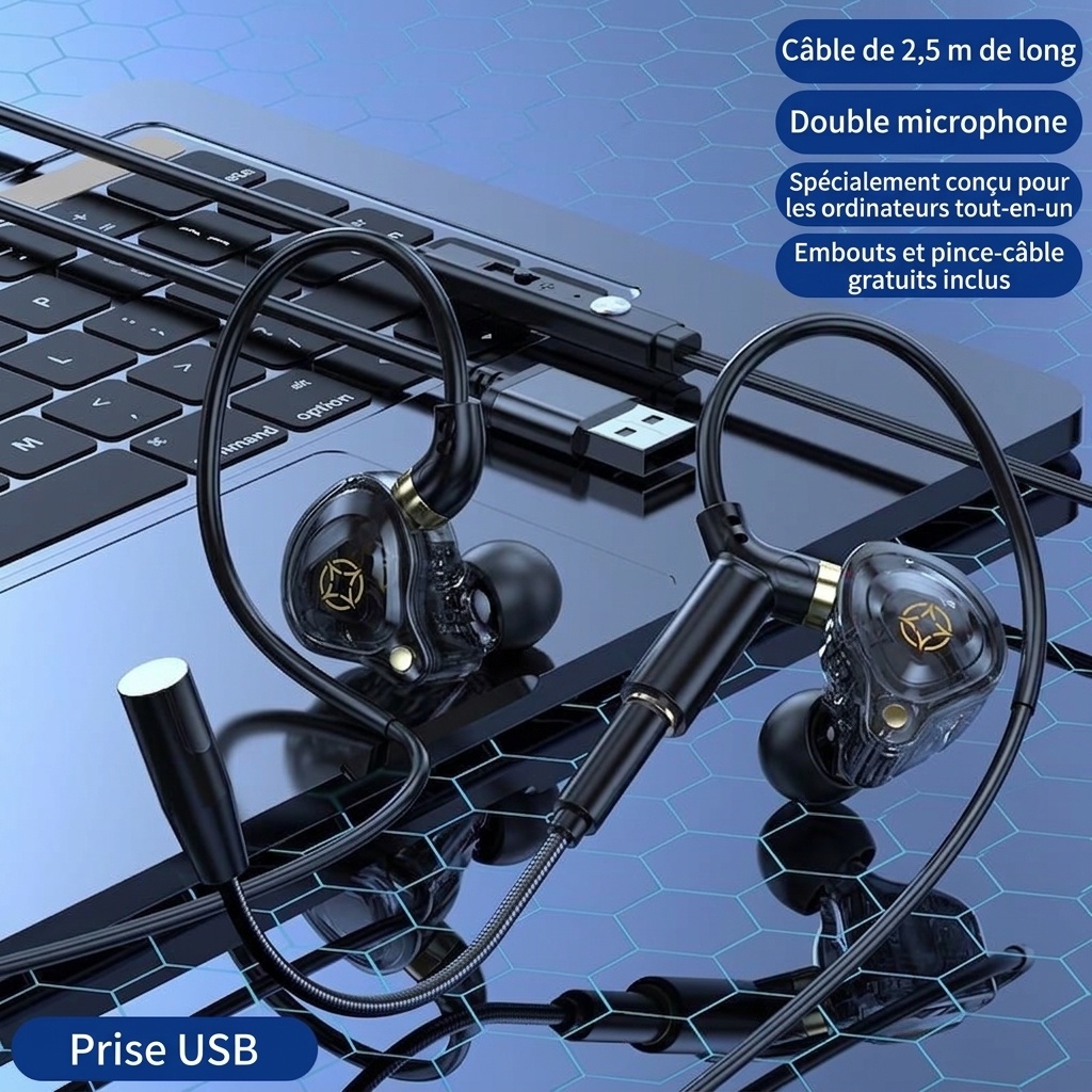 Écouteurs intra-auriculaires gaming avec double micro détachable, haut-parleurs dynamiques de 10 mm, réduction de bruit, connexion filaire USB Type-C 3,5 mm pour PC, ordinateur portable et mobile