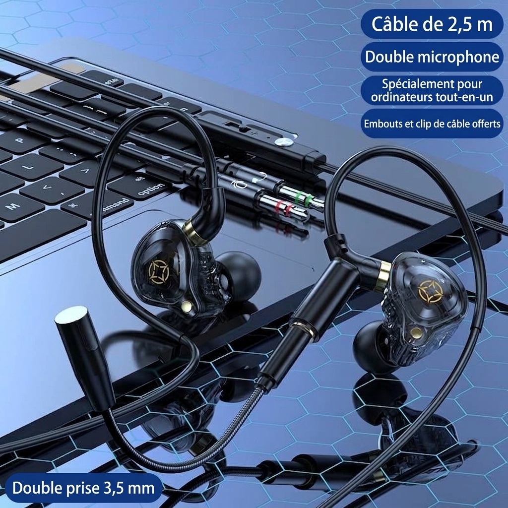 Écouteurs intra-auriculaires gaming avec double micro détachable, haut-parleurs dynamiques de 10 mm, réduction de bruit, connexion filaire USB Type-C 3,5 mm pour PC, ordinateur portable et mobile