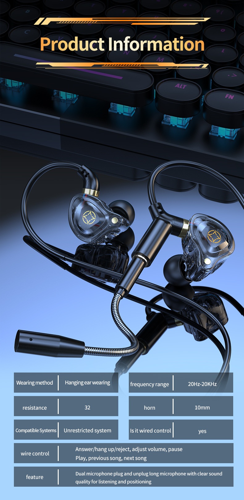 Gaming In-Ear Earbuds with Dual Detachable Mic, 10mm Dynamic Drivers Noise Cancelling Headset, 3.5mm Type-C USB Wired for PC Laptop Mobile