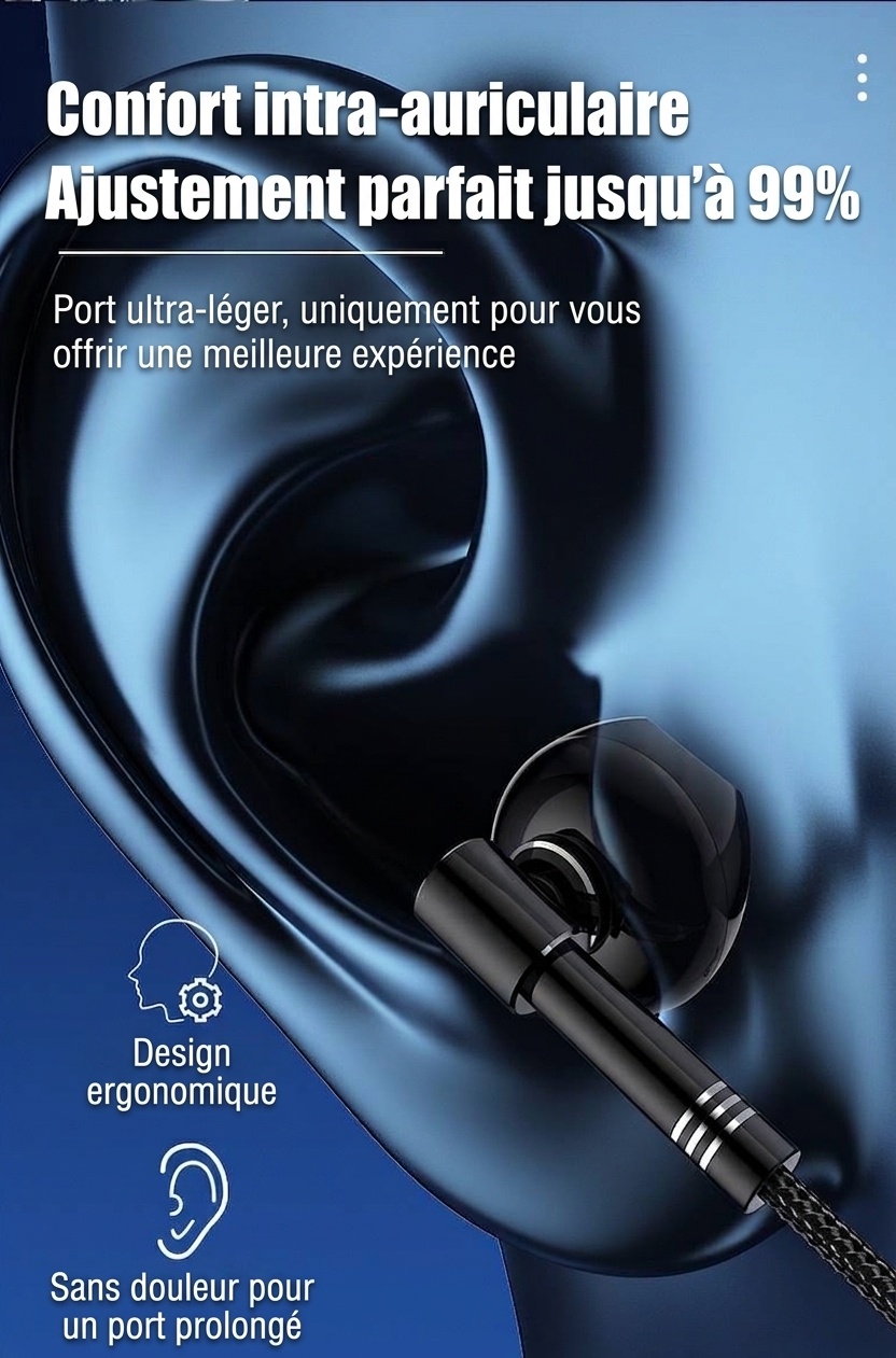 Écouteurs intra-auriculaires filaires pour jeux vidéo avec micro antibruit, haut-parleurs de 14,2 mm, câble tressé avec prise en L à 90°, ports 3,5 mm et USB-C pour les appels et jeux mobiles.