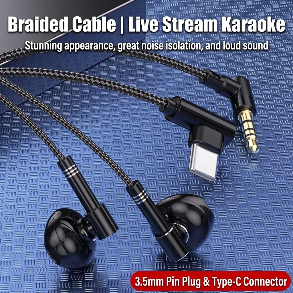 Auriculares intrauditivos con cable para juegos, con micrófono con cancelación de ruido, controladores de 14,2 mm, conector en forma de L de 90°, cable trenzado y conectores de 3,5 mm y USB tipo C para llamadas y juegos móviles.