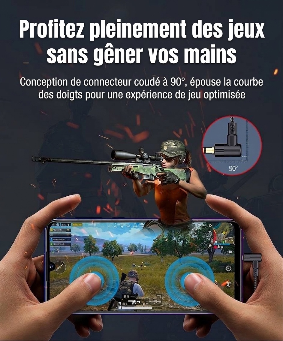 Écouteurs intra-auriculaires filaires pour jeux vidéo avec micro antibruit, haut-parleurs de 14,2 mm, câble tressé avec prise en L à 90°, ports 3,5 mm et USB-C pour les appels et jeux mobiles.
