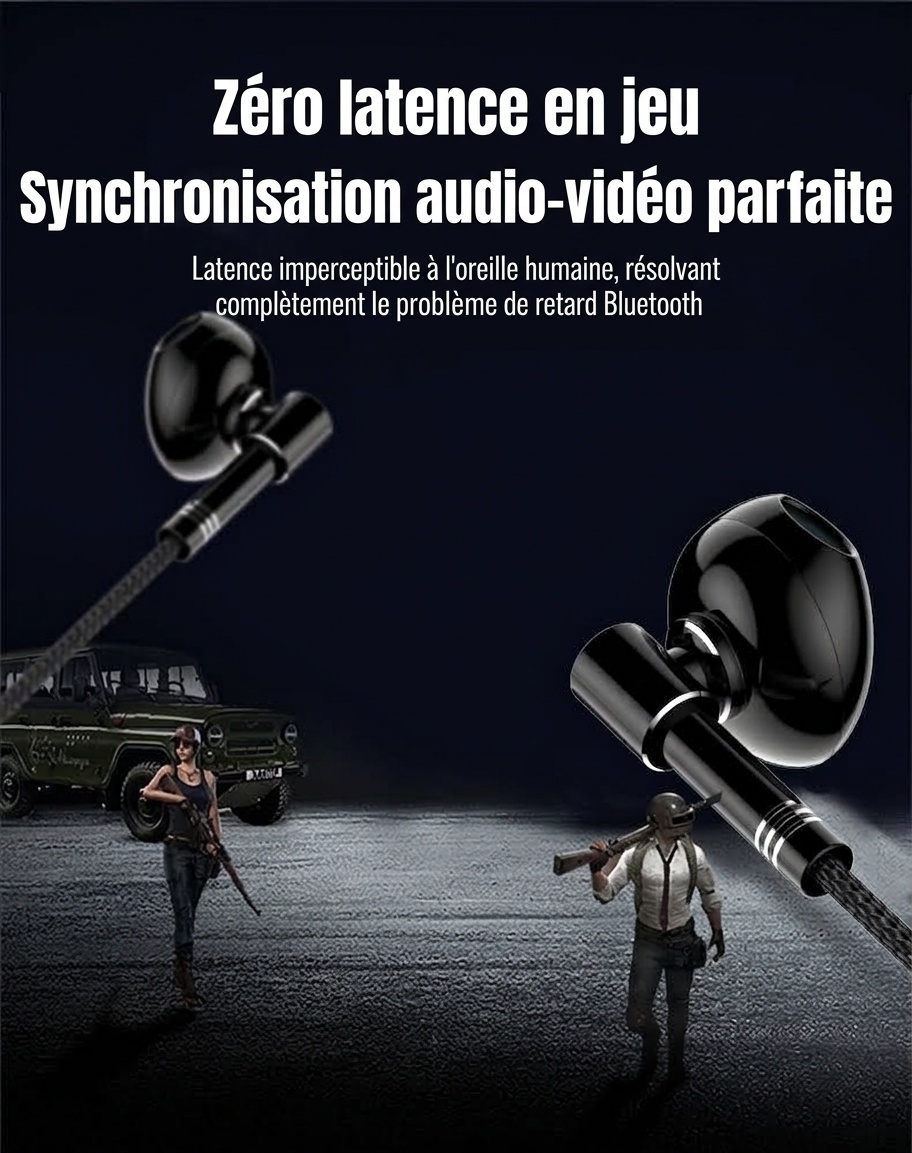 Écouteurs intra-auriculaires filaires pour jeux vidéo avec micro antibruit, haut-parleurs de 14,2 mm, câble tressé avec prise en L à 90°, ports 3,5 mm et USB-C pour les appels et jeux mobiles.