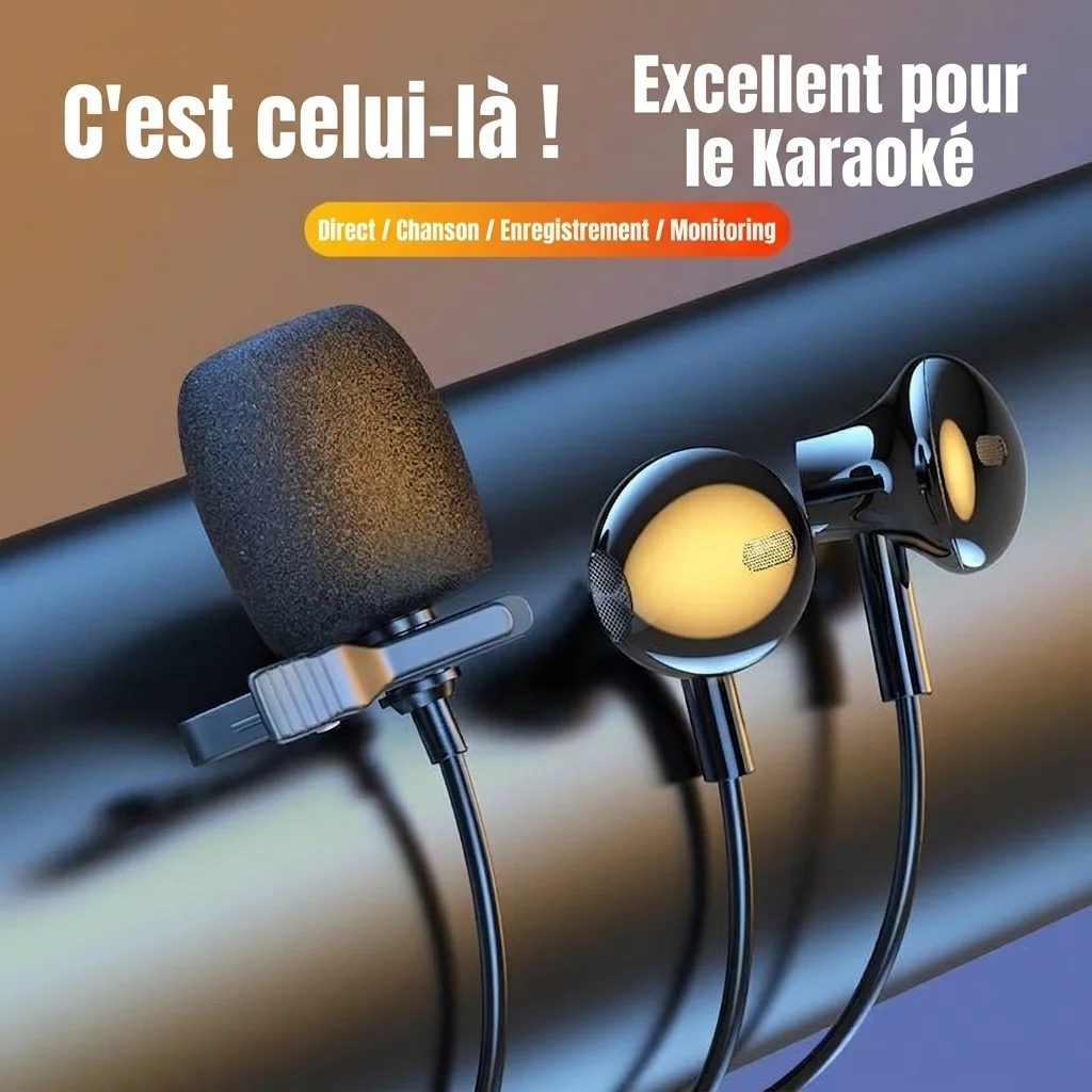Écouteurs intra-auriculaires avec microphone cravate à clip, haut-parleurs PEEK de 14,2 mm, casque antibruit, câble de 1,5 m, prise jack 3,5 mm Type-C pour l'enregistrement en direct