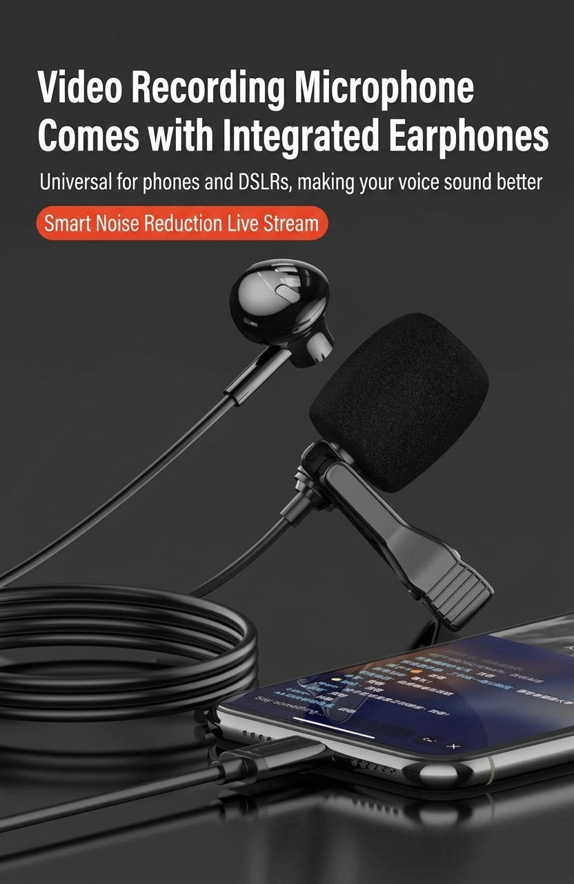 In-Ear Earbuds with Clip-On Lavalier Microphone, 14.2mm PEEK Drivers Noise Cancelling Headset, 1.5m Cable 3.5mm Type-C for Live Streaming Recording