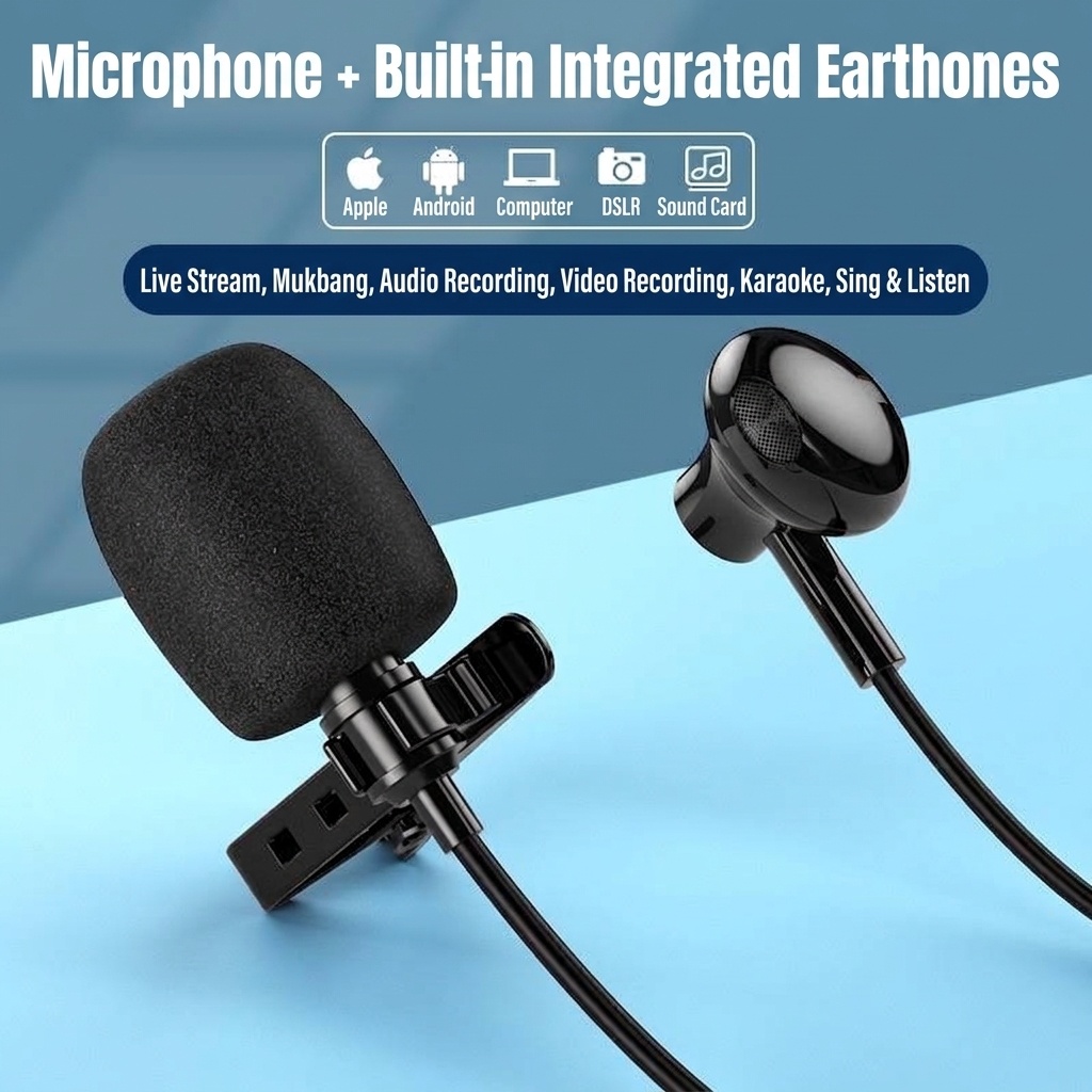 In-Ear Earbuds with Clip-On Lavalier Microphone, 14.2mm PEEK Drivers Noise Cancelling Headset, 1.5m Cable 3.5mm Type-C for Live Streaming Recording