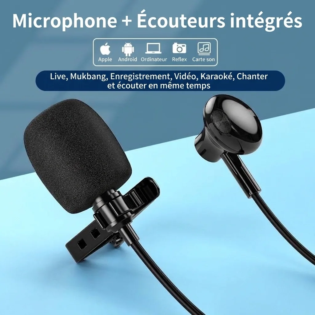 Écouteurs intra-auriculaires avec microphone cravate à clip, haut-parleurs PEEK de 14,2 mm, casque antibruit, câble de 1,5 m, prise jack 3,5 mm Type-C pour l'enregistrement en direct