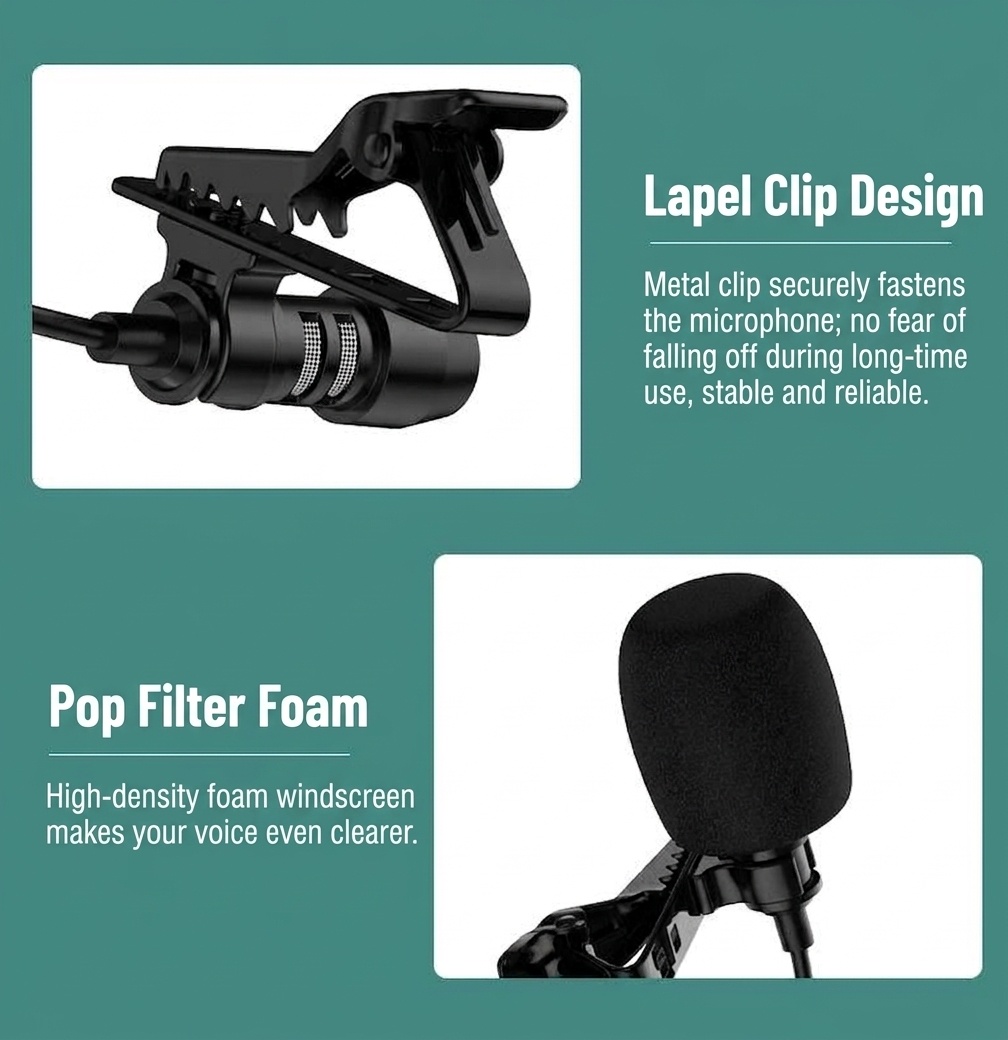 In-Ear Earbuds with Clip-On Lavalier Microphone, 14.2mm PEEK Drivers Noise Cancelling Headset, 1.5m Cable 3.5mm Type-C for Live Streaming Recording