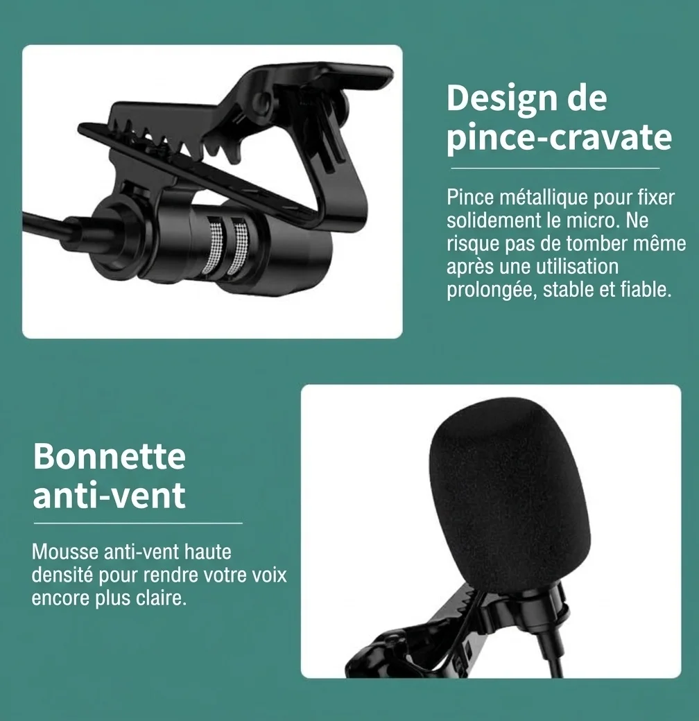 Écouteurs intra-auriculaires avec microphone cravate à clip, haut-parleurs PEEK de 14,2 mm, casque antibruit, câble de 1,5 m, prise jack 3,5 mm Type-C pour l'enregistrement en direct