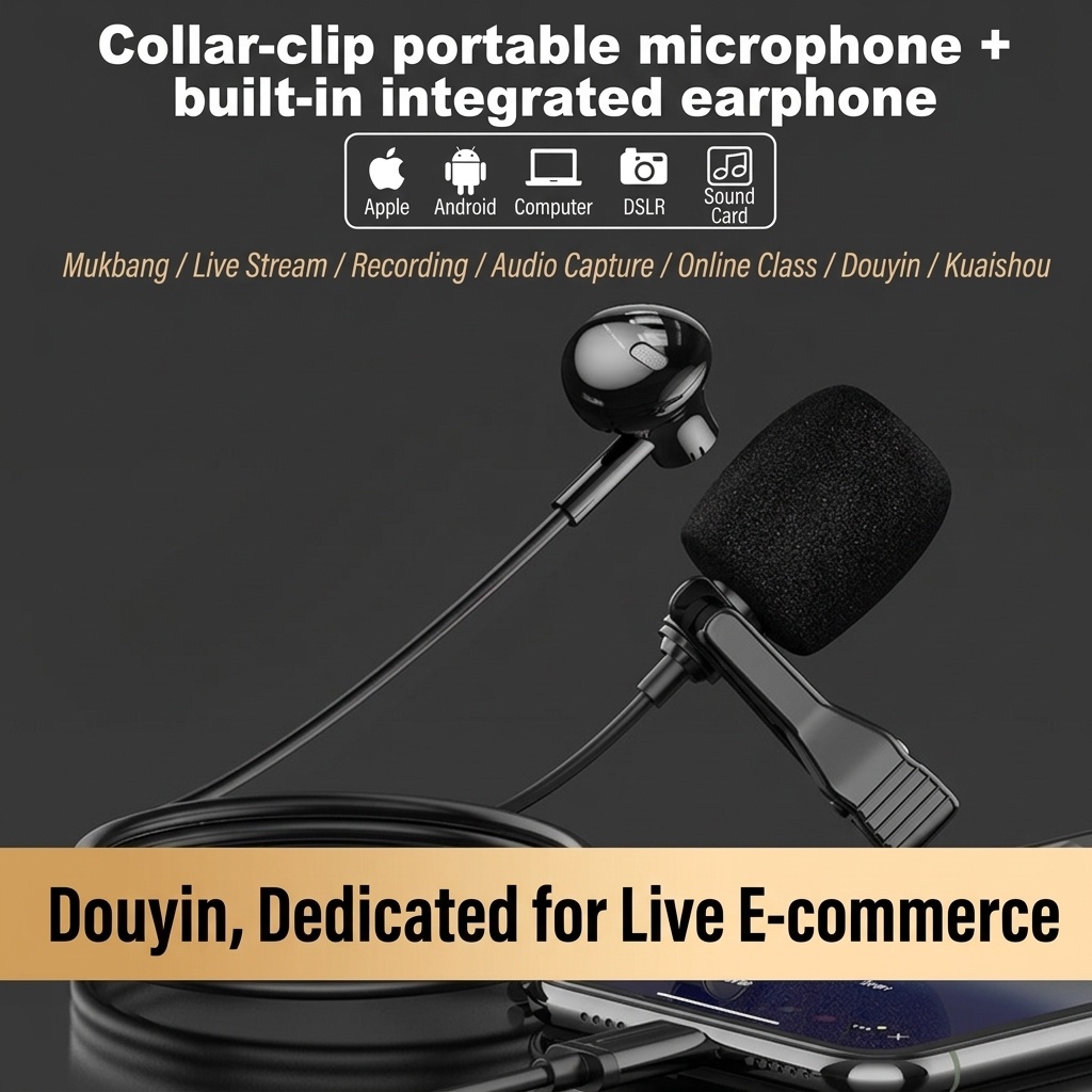 In-Ear Earbuds with Clip-On Lavalier Microphone, 14.2mm PEEK Drivers Noise Cancelling Headset, 1.5m Cable 3.5mm Type-C for Live Streaming Recording