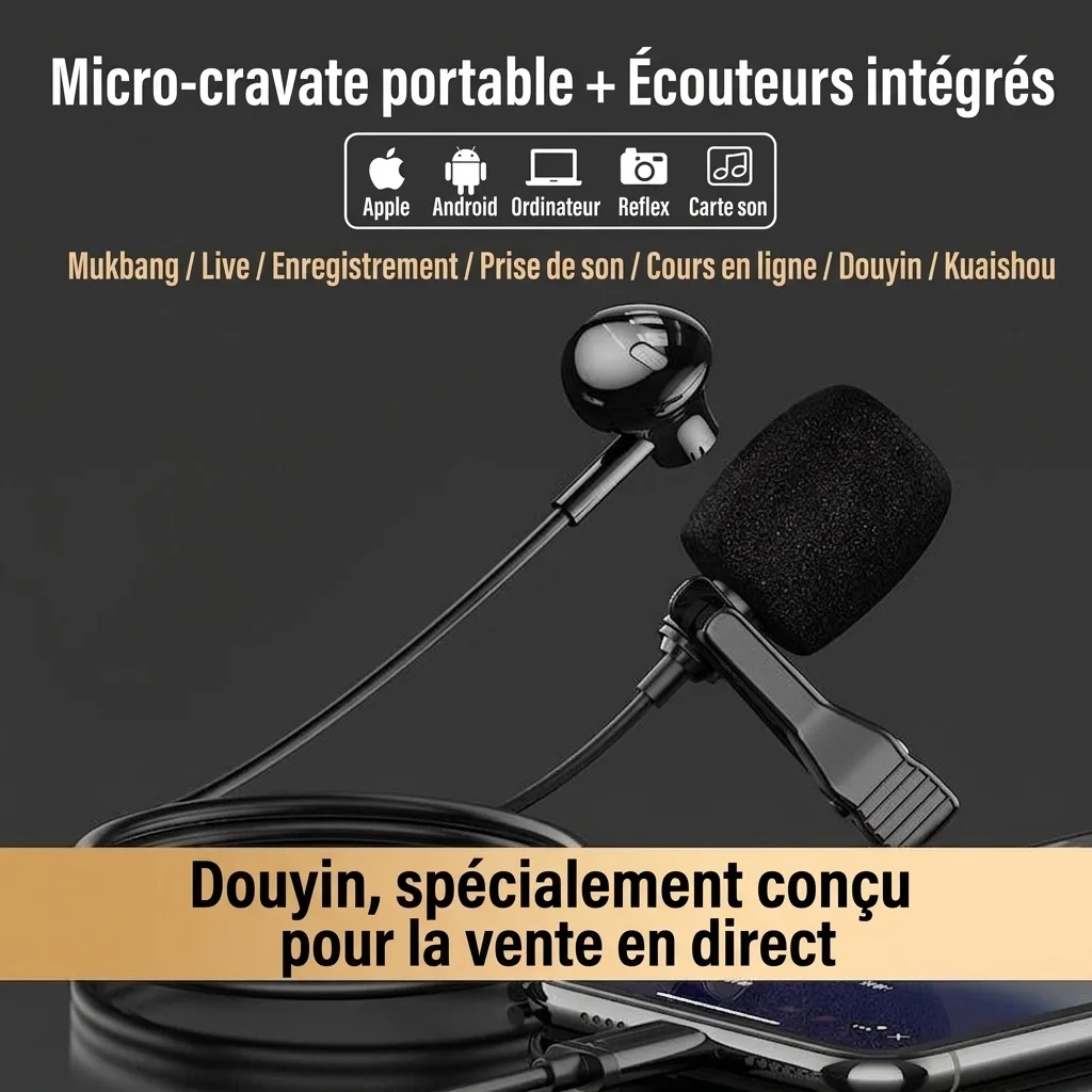 Écouteurs intra-auriculaires avec microphone cravate à clip, haut-parleurs PEEK de 14,2 mm, casque antibruit, câble de 1,5 m, prise jack 3,5 mm Type-C pour l'enregistrement en direct