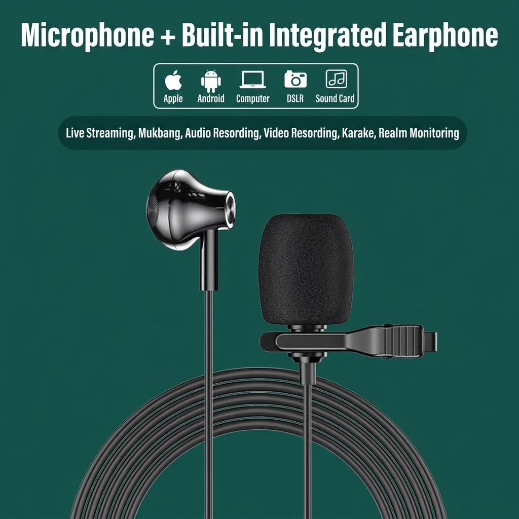 In-Ear Earbuds with Clip-On Lavalier Microphone, 14.2mm PEEK Drivers Noise Cancelling Headset, 1.5m Cable 3.5mm Type-C for Live Streaming Recording