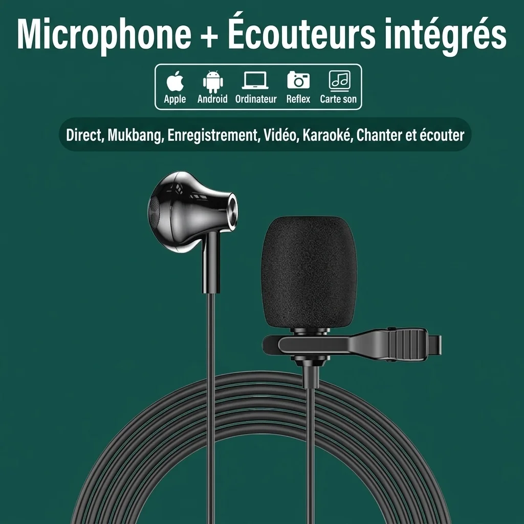 Écouteurs intra-auriculaires avec microphone cravate à clip, haut-parleurs PEEK de 14,2 mm, casque antibruit, câble de 1,5 m, prise jack 3,5 mm Type-C pour l'enregistrement en direct