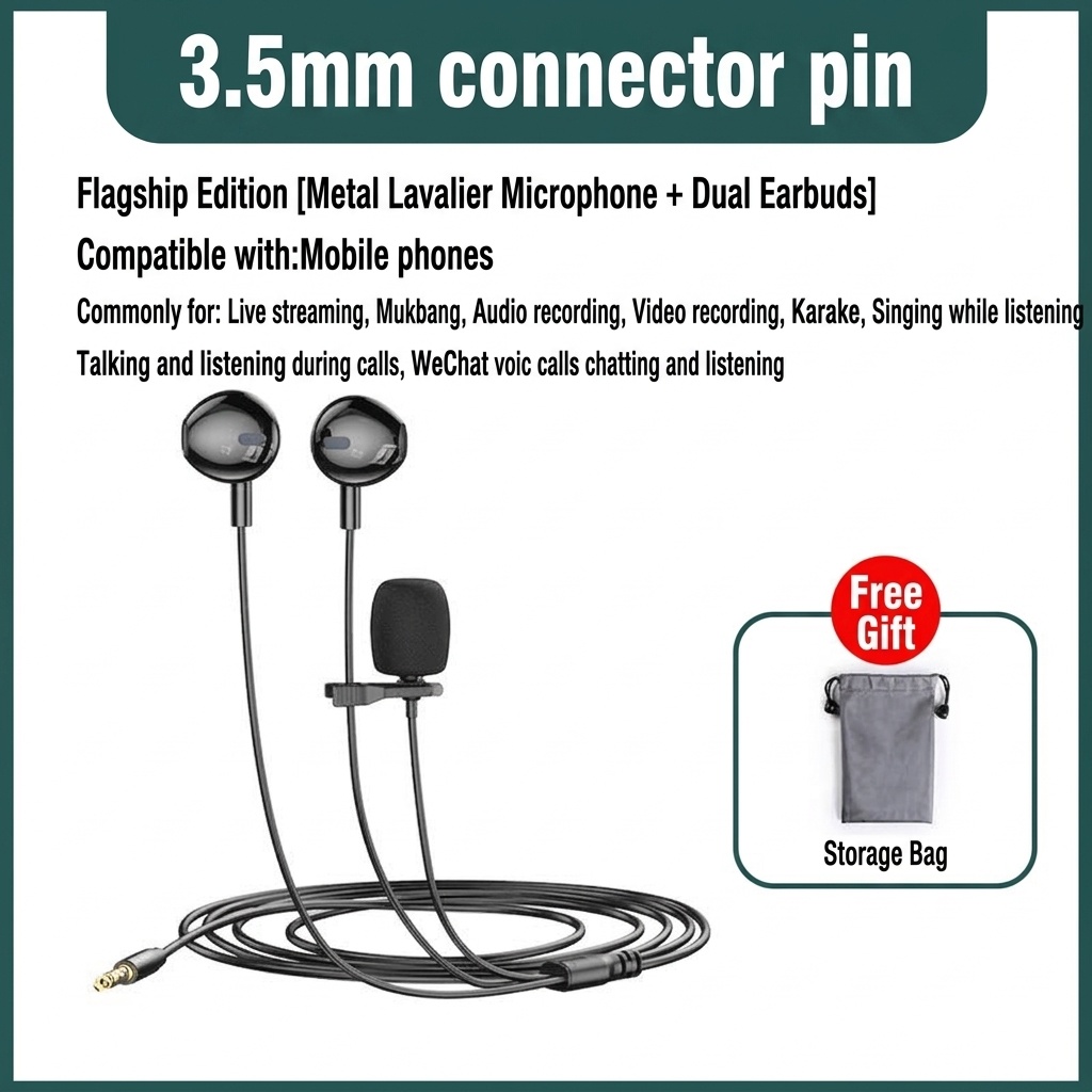 In-Ear Earbuds with Clip-On Lavalier Microphone, 14.2mm PEEK Drivers Noise Cancelling Headset, 1.5m Cable 3.5mm Type-C for Live Streaming Recording