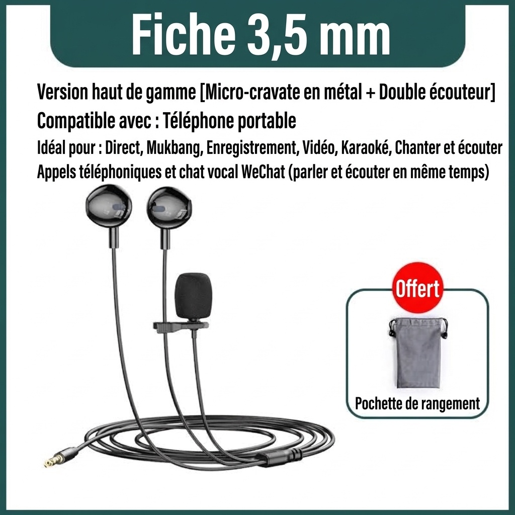 Écouteurs intra-auriculaires avec microphone cravate à clip, haut-parleurs PEEK de 14,2 mm, casque antibruit, câble de 1,5 m, prise jack 3,5 mm Type-C pour l'enregistrement en direct