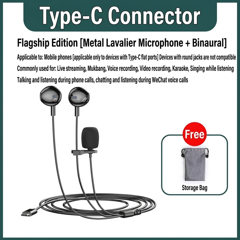 In-Ear Earbuds with Clip-On Lavalier Microphone, 14.2mm PEEK Drivers Noise Cancelling Headset, 1.5m Cable 3.5mm Type-C for Live Streaming Recording