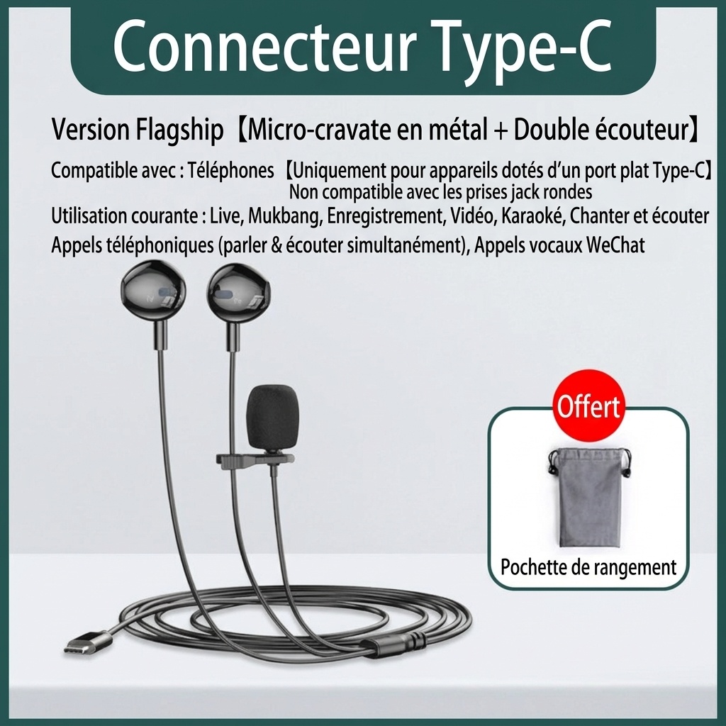 Écouteurs intra-auriculaires avec microphone cravate à clip, haut-parleurs PEEK de 14,2 mm, casque antibruit, câble de 1,5 m, prise jack 3,5 mm Type-C pour l'enregistrement en direct