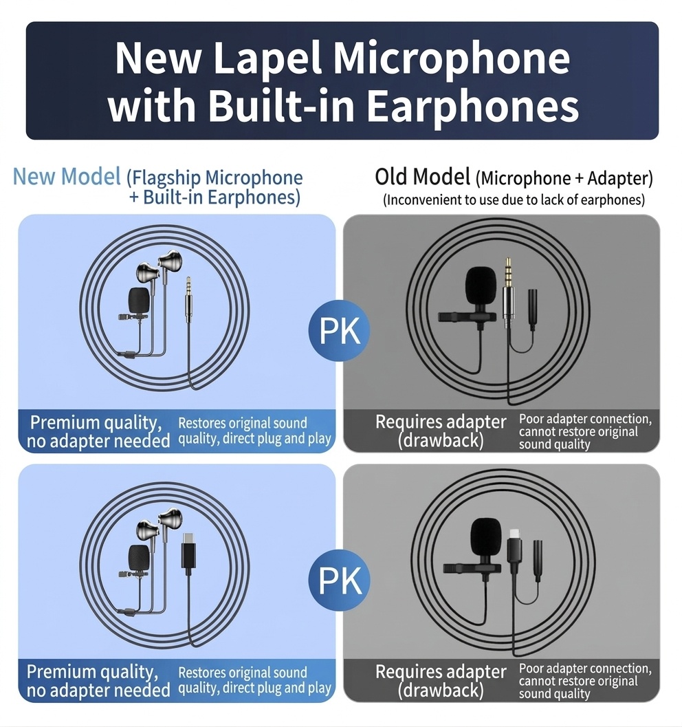 In-Ear Earbuds with Clip-On Lavalier Microphone, 14.2mm PEEK Drivers Noise Cancelling Headset, 1.5m Cable 3.5mm Type-C for Live Streaming Recording