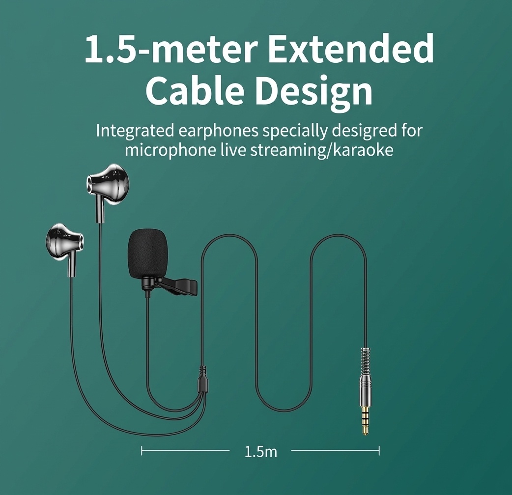In-Ear Earbuds with Clip-On Lavalier Microphone, 14.2mm PEEK Drivers Noise Cancelling Headset, 1.5m Cable 3.5mm Type-C for Live Streaming Recording