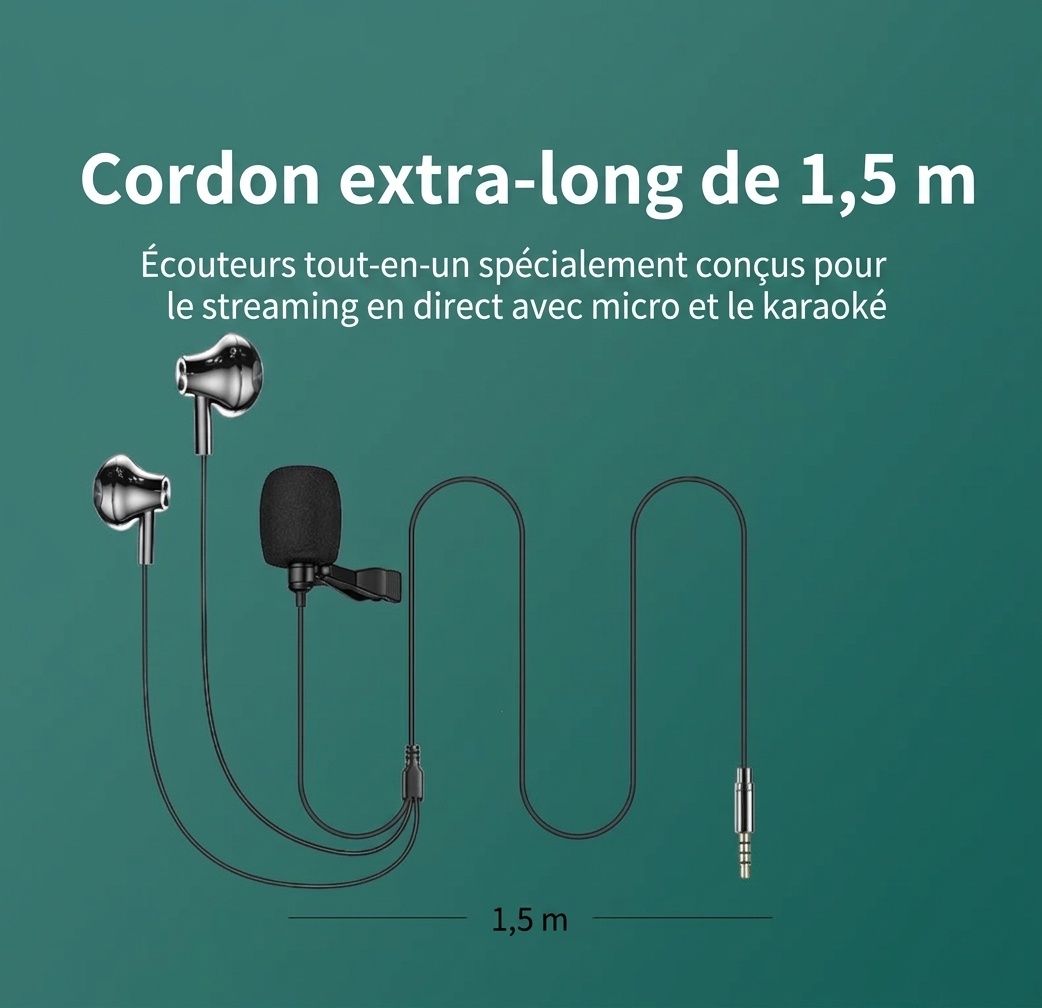 Écouteurs intra-auriculaires avec microphone cravate à clip, haut-parleurs PEEK de 14,2 mm, casque antibruit, câble de 1,5 m, prise jack 3,5 mm Type-C pour l'enregistrement en direct