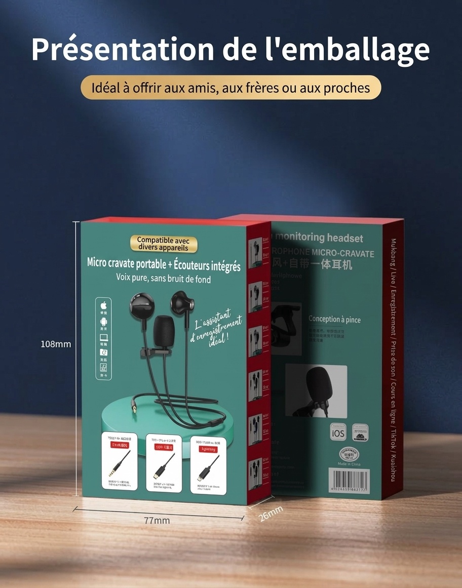 Écouteurs intra-auriculaires avec microphone cravate à clip, haut-parleurs PEEK de 14,2 mm, casque antibruit, câble de 1,5 m, prise jack 3,5 mm Type-C pour l'enregistrement en direct