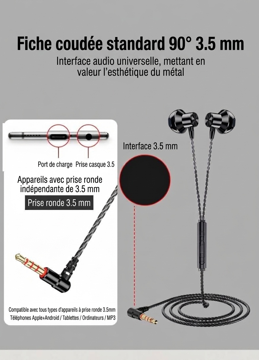 Écouteurs intra-auriculaires filaires pour le jeu avec micro, haut-parleurs PEEK de 14,2 mm, basses profondes, isolation phonique, prise jack 3,5 mm en L pour jeux mobiles et musique.
