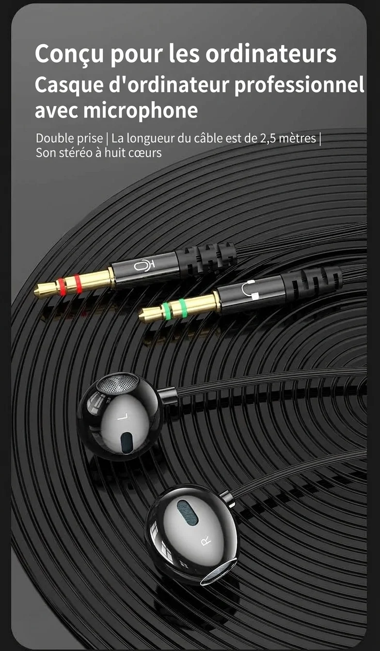 Écouteurs intra-auriculaires filaires pour le jeu avec micro, haut-parleurs dynamiques de 14,2 mm, basses profondes, réduction de bruit, câble audio double 3,5 mm de 1,5 m/2,5 m pour PC et ordinateur portable
