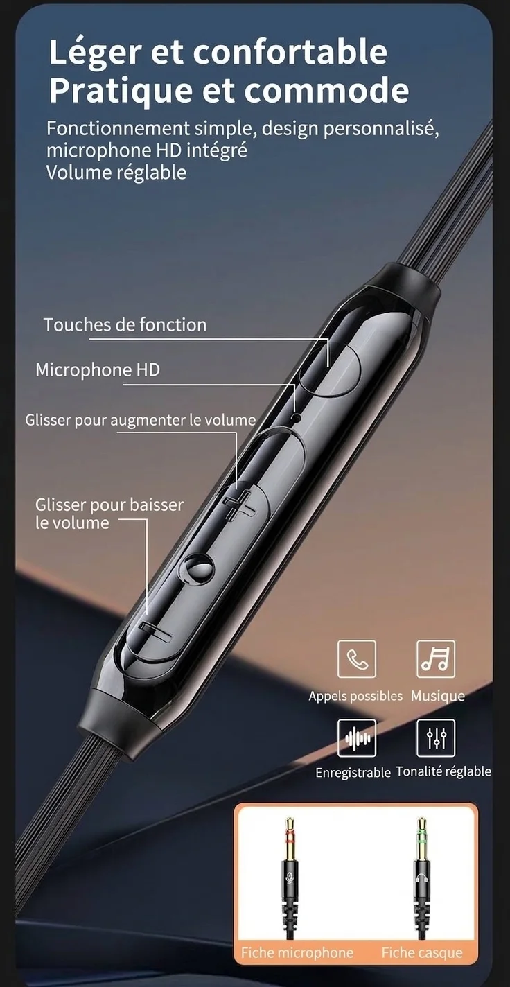 Écouteurs intra-auriculaires filaires pour le jeu avec micro, haut-parleurs dynamiques de 14,2 mm, basses profondes, réduction de bruit, câble audio double 3,5 mm de 1,5 m/2,5 m pour PC et ordinateur portable
