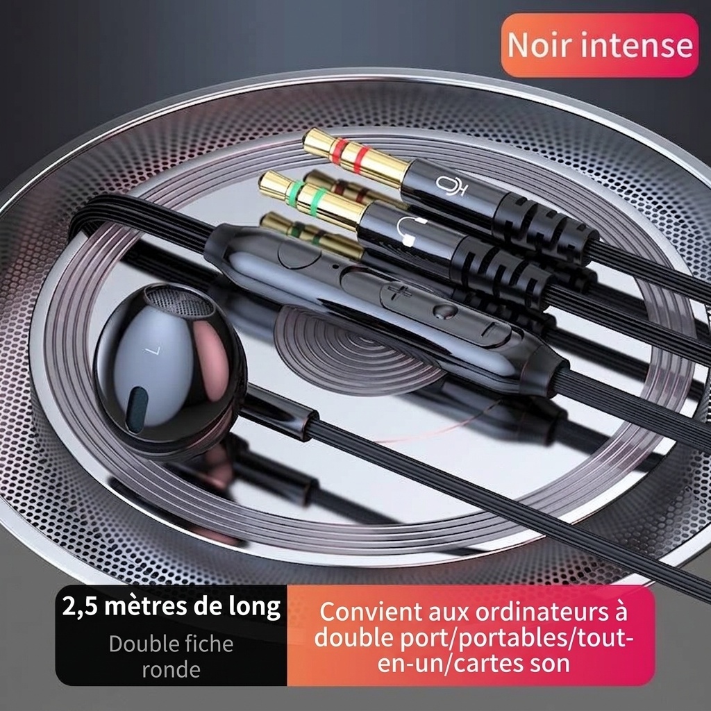 Écouteurs intra-auriculaires filaires pour le jeu avec micro, haut-parleurs dynamiques de 14,2 mm, basses profondes, réduction de bruit, câble audio double 3,5 mm de 1,5 m/2,5 m pour PC et ordinateur portable
